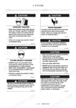 Yanmar ViO80 engine service manual page showing safety caution labels for coolant, pinch, flying object, and fuel hazards.