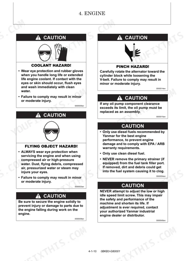 Yanmar ViO80 engine service manual page showing safety caution labels for coolant, pinch, flying object, and fuel hazards.