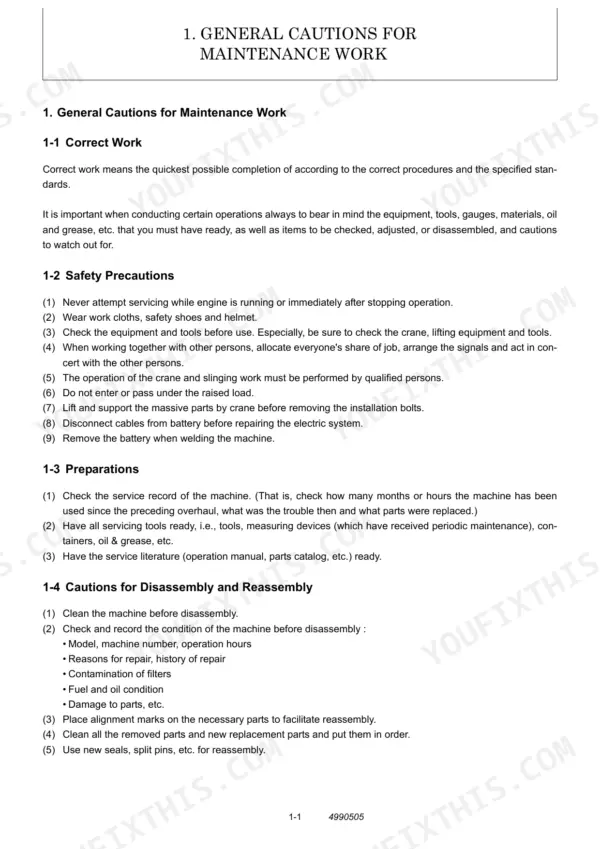 Yanmar SV100 service manual page detailing general maintenance cautions, safety precautions, and disassembly procedures.
