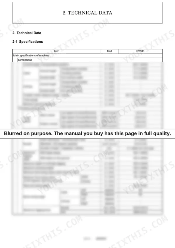 Yanmar SV100 technical data table showing machine dimensions, travel performance, and work performance specifications.