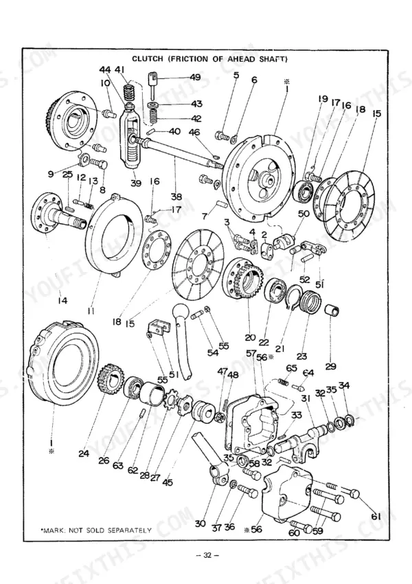 9bc384d3-b-exploded-view-36 Yanmar SKE exploded view diagram of the clutch friction of ahead shaft assembly with numbered component parts list.