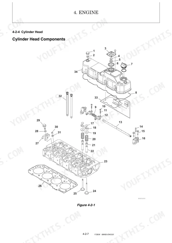 9c036502-b2-exploded-view-111 Yanmar ViO82 engine cylinder head exploded view diagram showing valve train, rocker arms, and head gasket components.