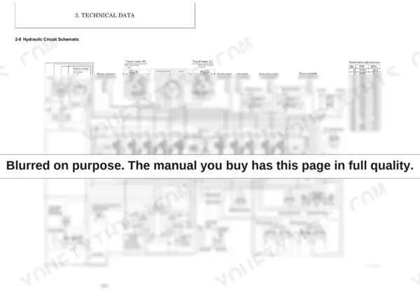 Yanmar ViO82 hydraulic circuit schematic diagram with relief valve pressure settings table for excavator components.