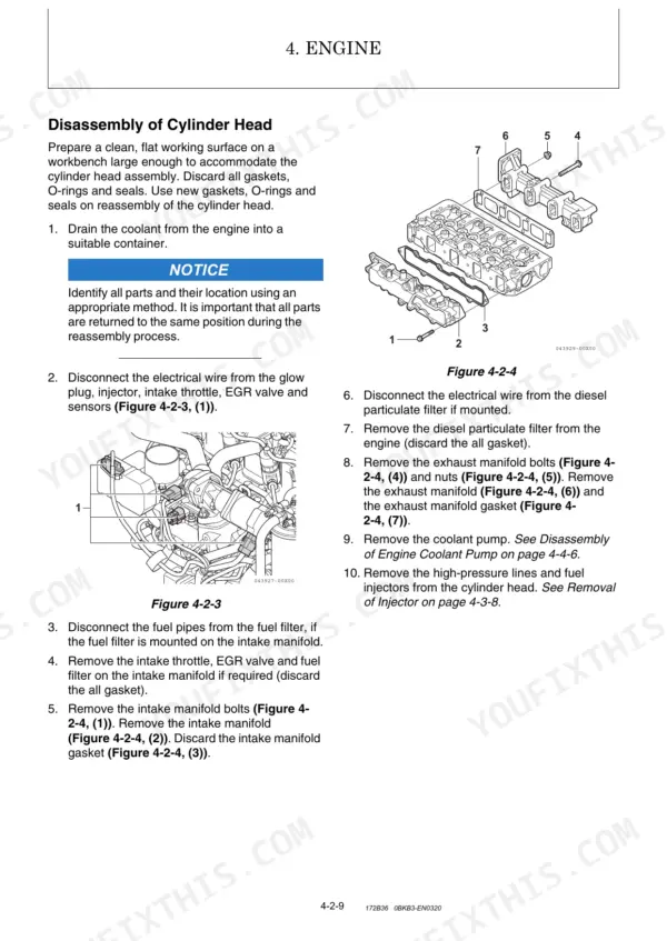 Yanmar ViO82 engine cylinder head disassembly procedure with exhaust manifold and fuel system component diagrams.