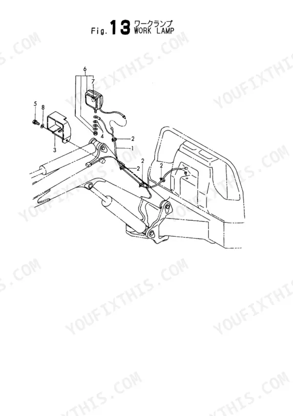 Yanmar VIO20 exploded view diagram of the work lamp assembly, showing mounting hardware, wiring, and lamp housing components.