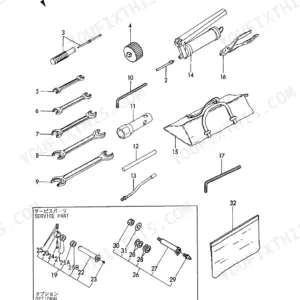 Yanmar VIO20 exploded view diagram of standard tool kit, wrenches, grease gun, and optional service parts components.