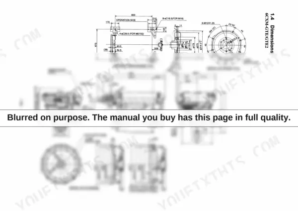 Yanmar 6CXM-GTE, 6CXM-GTE2, 6CXM-GTE/GTE2 engine dimension diagram showing front PTO, flywheel, and rubber coupling details.