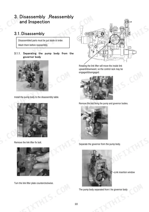 Yanmar YPD-3MP2, YPD-4MP2, YPD-4MP4, YPD-MP2, YPD-MP4 pump body and governor body disassembly procedure steps.