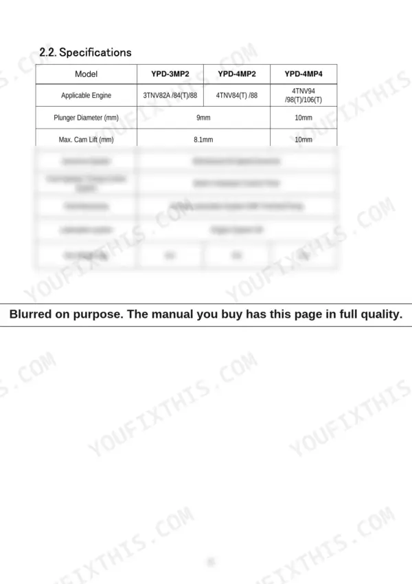 Yanmar YPD-3MP2, YPD-4MP2, YPD-4MP4, YPD-MP2, YPD-MP4 technical specifications table for engine fuel pump components.