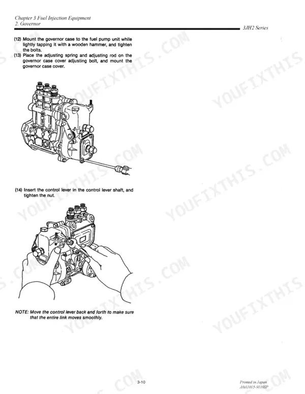 Yanmar 3JH2 series fuel injection governor case and control lever installation procedures with diagrams.