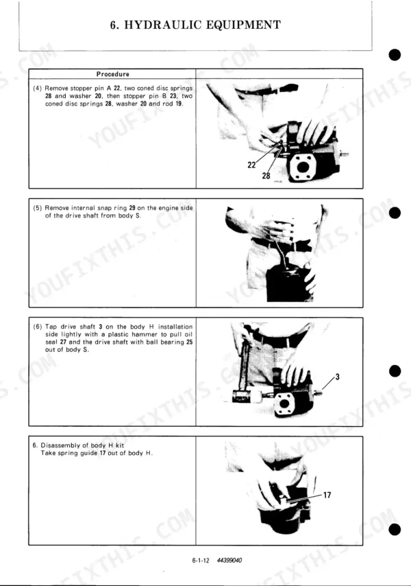 Yanmar B37V hydraulic equipment disassembly procedures for drive shaft, stopper pins, and body H kit components.