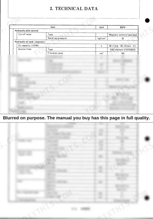 Yanmar B37V technical data table showing hydraulic, swing device, and undercarriage specifications.