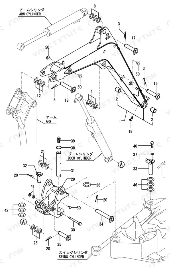 Yanmar SV08 exploded view diagram of the arm, boom cylinder, arm cylinder, and swing cylinder assembly components.