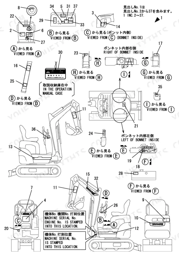 Yanmar SV08 excavator diagram showing serial number locations and component identification labels for bonnet and interior parts.