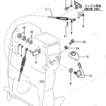 Yanmar SV08 exploded view of engine throttle cable, control lever, and mounting hardware components.