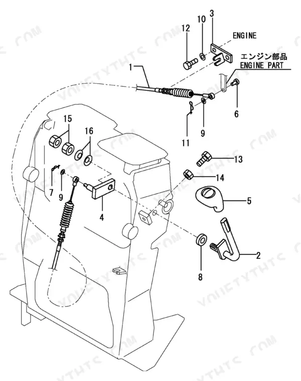 a2e55116-b-page-28 Yanmar SV08 exploded view of engine throttle cable, control lever, and mounting hardware components.