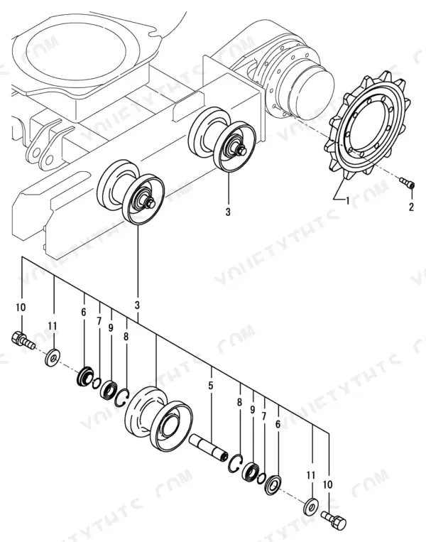 Yanmar SV08 exploded view diagram of the undercarriage track roller assembly, including shaft, seals, and mounting hardware.