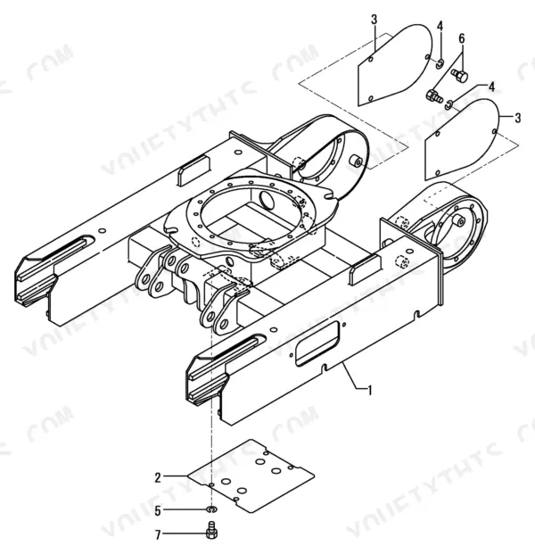 Yanmar SV08 exploded view diagram of the undercarriage frame, showing mounting plates, bolts, and washers for the track frame assembly.