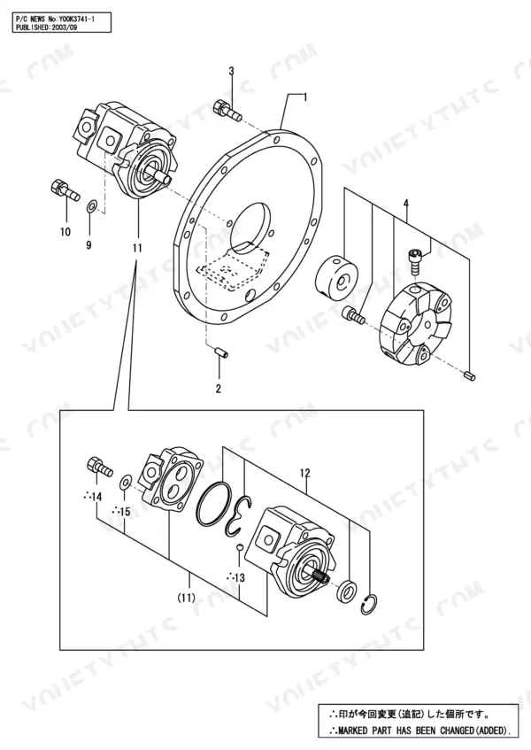 Yanmar SV08 exploded view of hydraulic pump assembly, mounting plate, and coupling components with part reference numbers.