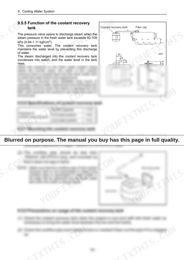 Yanmar 3JH4(B)(C)(M)E coolant recovery tank diagrams, capacity specifications, and mounting procedures.