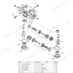 Yanmar C50R-3C hydraulic pump exploded view diagram showing cylinder block, swash plate, and bearing assembly components.