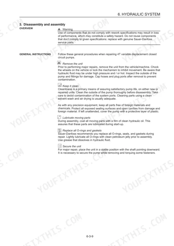 Yanmar C50R-3C hydraulic system disassembly and assembly general repair instructions for 4T variable displacement pumps.