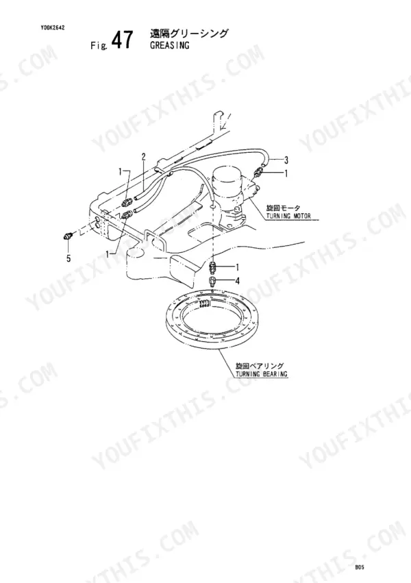 Yanmar B05 exploded view of remote greasing system and turning bearing.