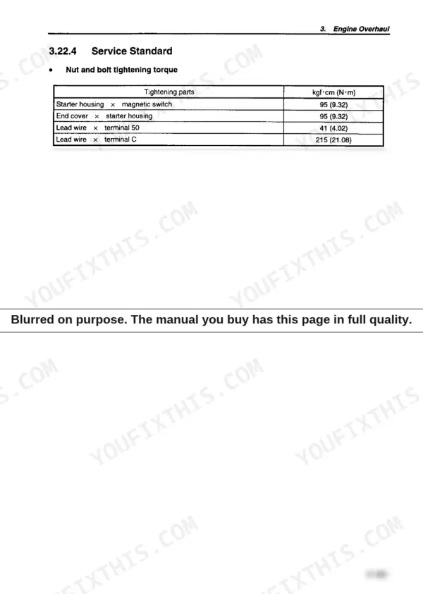 Yanmar 6LP-DTE, 6LP-DTZE(1), 6LPA-DTP, 6LPA-DTZP, 6LP-STE, 6LP-STZE(1), 6LPA-STP, 6LPA-STZP starter torque specification table.