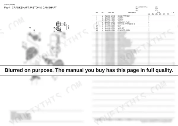 ad44a783-b-exploded-view-8 Yanmar L48N6CF1F7AA exploded view of crankshaft, piston, and camshaft with parts list table.