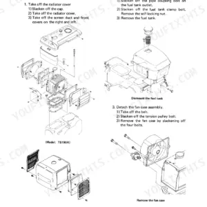 Yanmar TS190(R), TS230(R) radiator, fuel tank, and fan case disassembly procedures with exploded view diagrams.