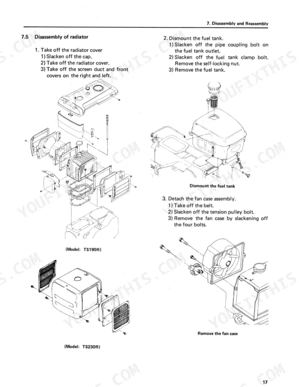 aec80242-b-procedures-21 Yanmar TS190(R), TS230(R) radiator, fuel tank, and fan case disassembly procedures with exploded view diagrams.
