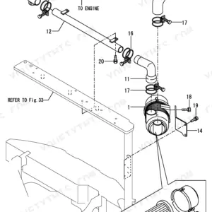 Yanmar ViO75, 4TNE98-EBVA exploded view of air cleaner assembly, intake hoses, and mounting brackets.