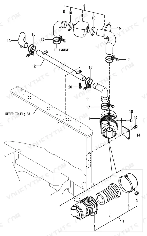 af3e957c-b-exploded-view-22 Yanmar ViO75, 4TNE98-EBVA exploded view of air cleaner assembly, intake hoses, and mounting brackets.