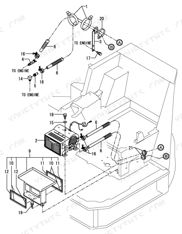Yanmar ViO75, 4TNE98-EBVA exploded view of heater unit, hoses, clamps, and mounting hardware for cab assembly.