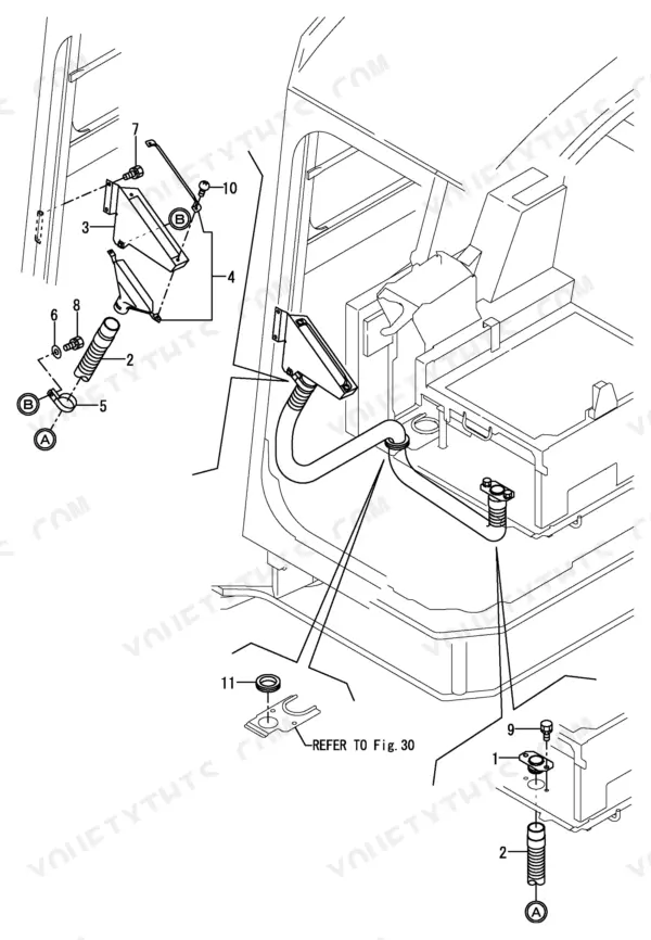Yanmar ViO75, 4TNE98-EBVA exploded view of cab floor drain hose, grommets, and mounting hardware components.