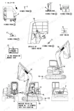 af3e957c-b-page-16 Yanmar ViO75, 4TNE98-EBVA excavator diagram showing decal locations, cabin interior details, and serial number stamping points.