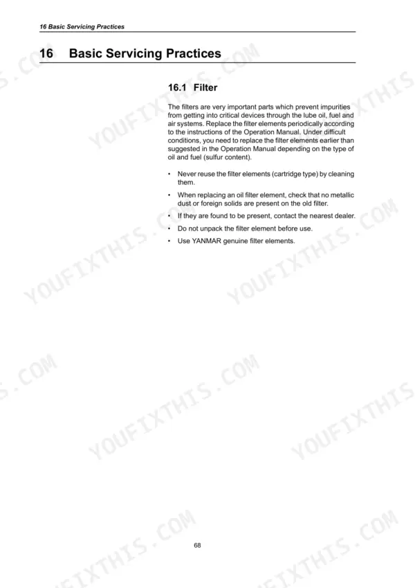 Service manual page covering basic servicing practices and filter replacement guidelines.