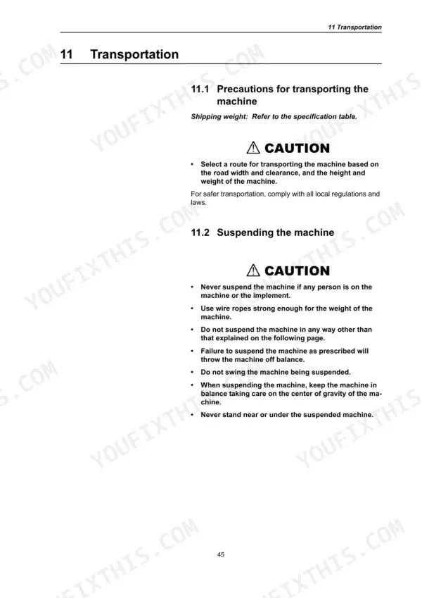 Transportation manual page covering machine transport precautions and suspension safety procedures.