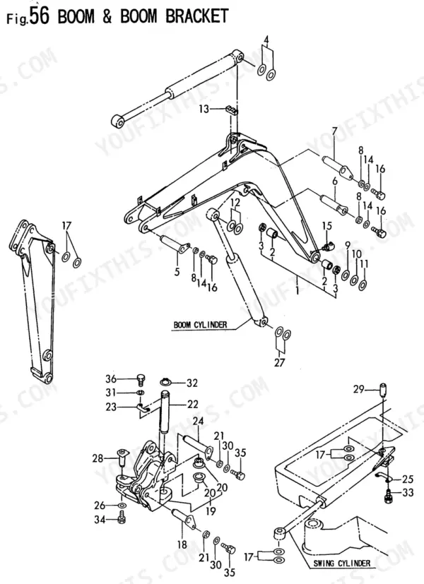 Ammann Yanmar B27-2A exploded view diagram of the boom, boom bracket, boom cylinder, and swing cylinder components.