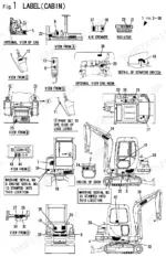 ammann-yanmar-b27-2a-crawler-backhoe-excavator-parts-catalog-000y00s3480-cab-parts-7.webp Ammann Yanmar B27-2A diagram showing locations of safety and operation labels on the cabin, engine room, and exterior.