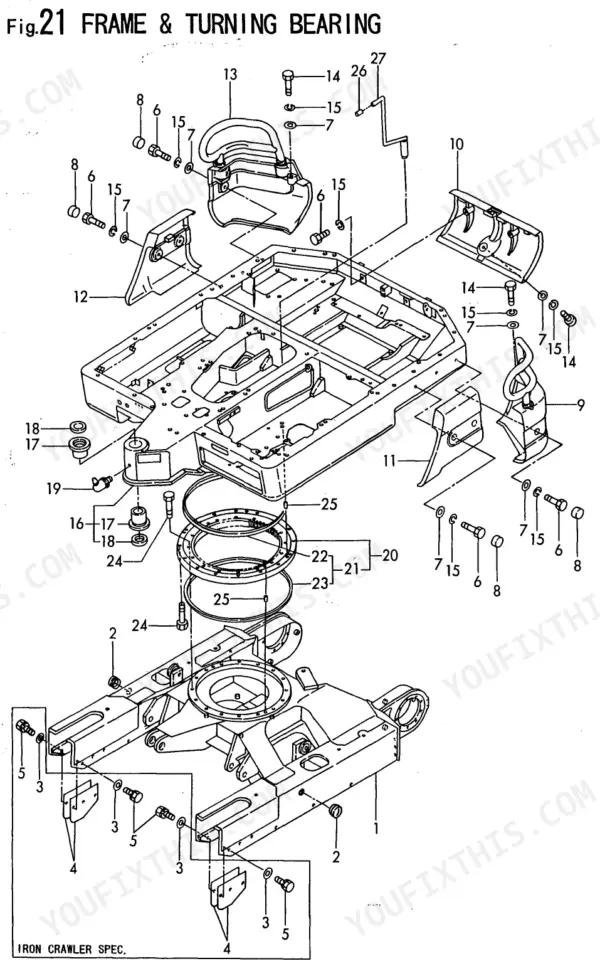 Ammann Yanmar B27-2A exploded view diagram of the frame and turning bearing assembly with numbered parts list.