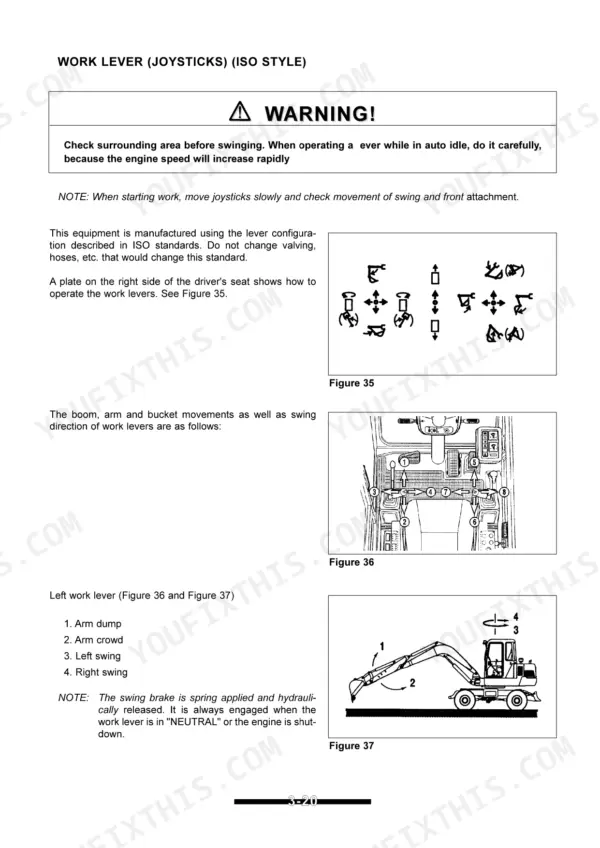 Yanmar B55W operation manual showing ISO style work lever joystick controls, swing movements, and arm operation diagrams.