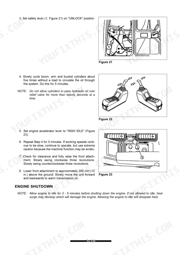 Yanmar B55W operation manual showing safety lever, joystick control, and accelerator lever warm-up procedures.