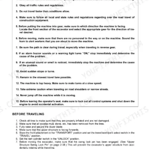 Ammann Yanmar B55W operation manual page detailing travel safety warnings and pre-travel inspection procedures.