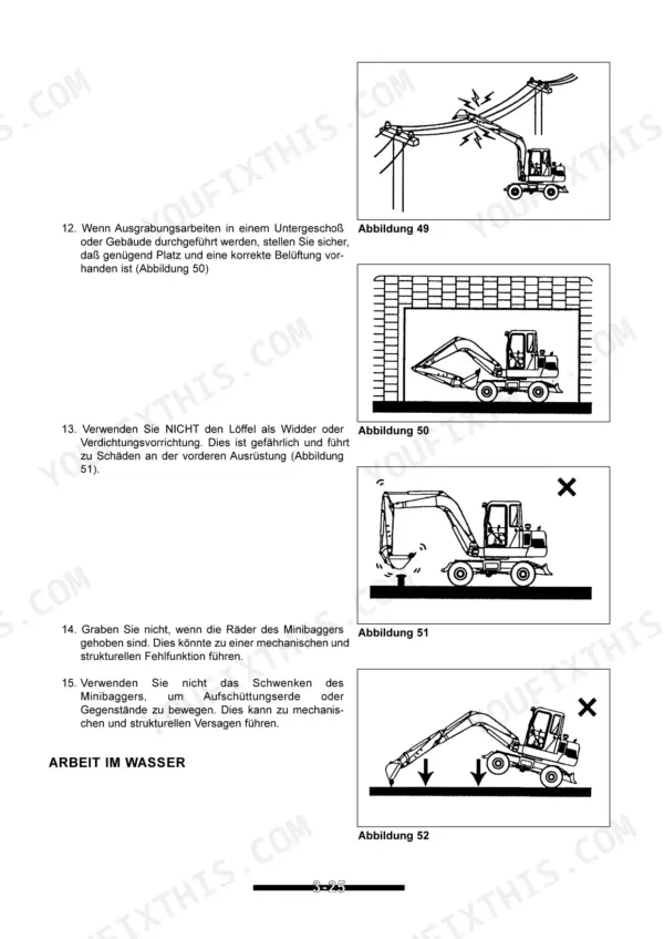 Ammann Yanmar B55W safety manual page showing operating hazards, power line clearance, and improper digging techniques.