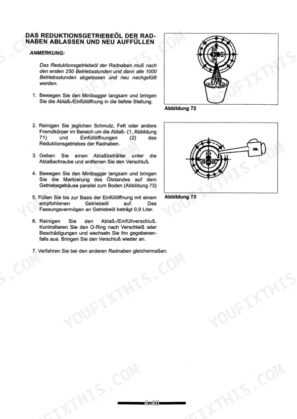 Ammann Yanmar B55W procedure for draining and refilling wheel hub reduction gear oil with diagrams 72 and 73.