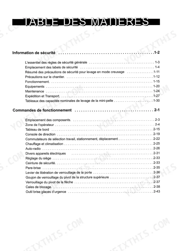 Ammann Yanmar B55W operator manual table of contents for safety and operating controls sections.