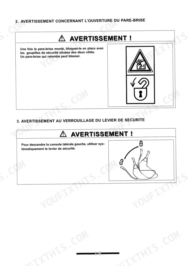 Ammann Yanmar B55W safety warnings for windshield locking pins and left side safety lever operation.