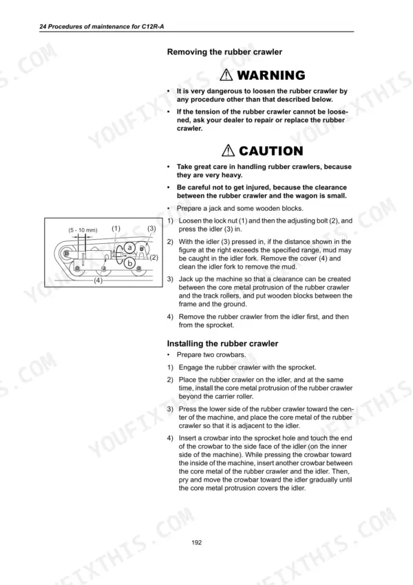 Maintenance manual page showing rubber crawler removal and installation steps.