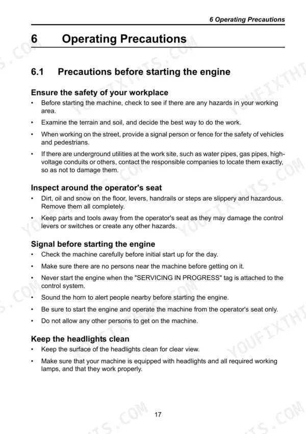 Operating precautions before starting the engine safety guide.